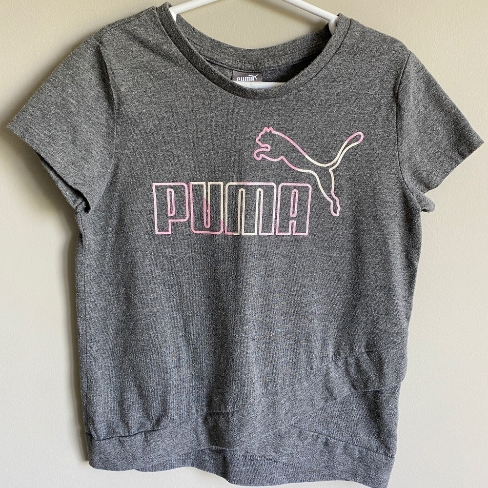 Puma Girls Gray Short Sleeve T-Shirt Size 8 Criss-Cross‎ Front Glitter Logo